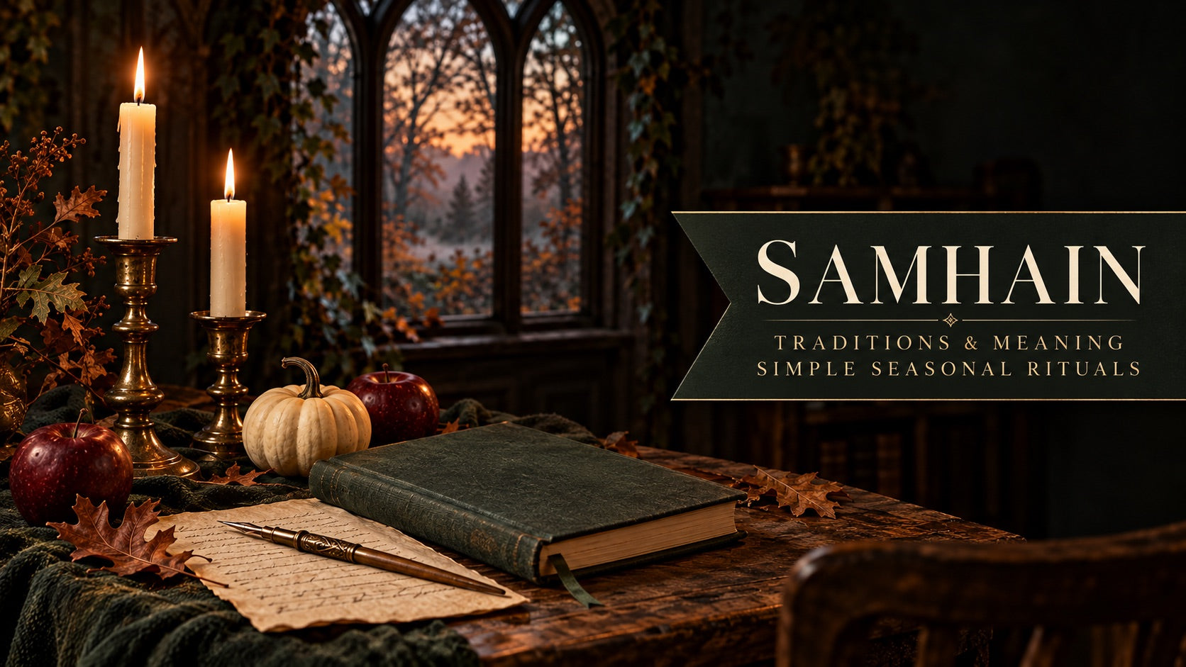 Samhain traditions cover with candles, a dark green journal, autumn leaves, apples and a white pumpkin beside a Gothic window.