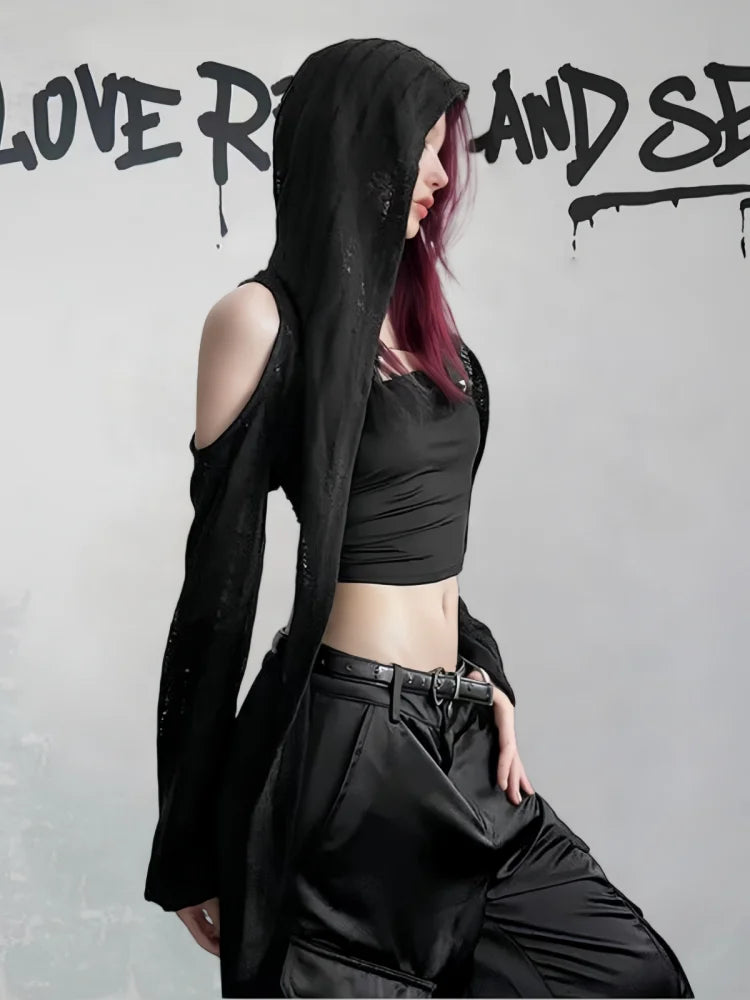 Distressed Hooded Cold Shoulder Shrug