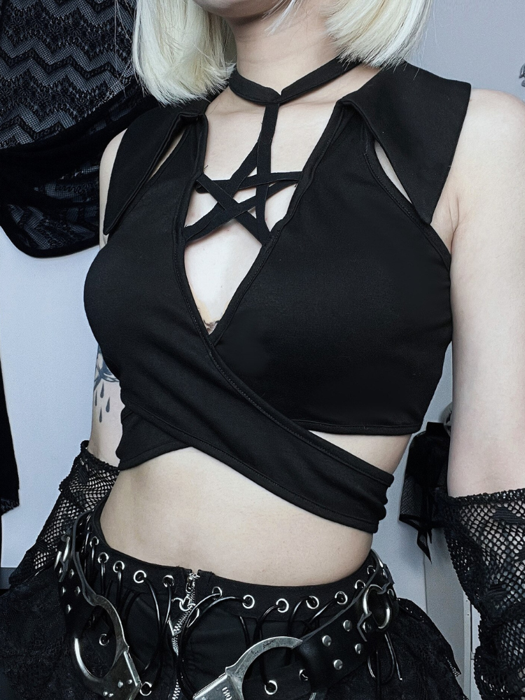 Black Goth Aesthetic Latex Pentagram Straps Bra Top