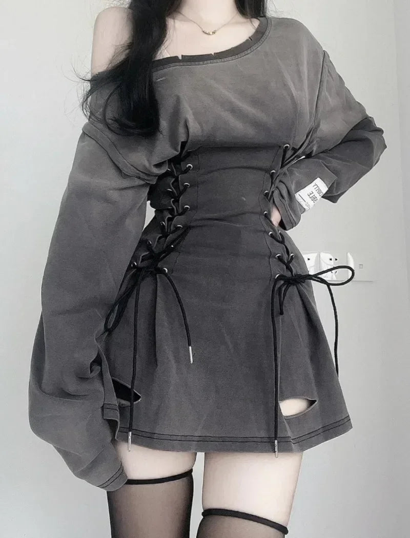 Gray grunge mini dress with laced waist and distressed flared hem