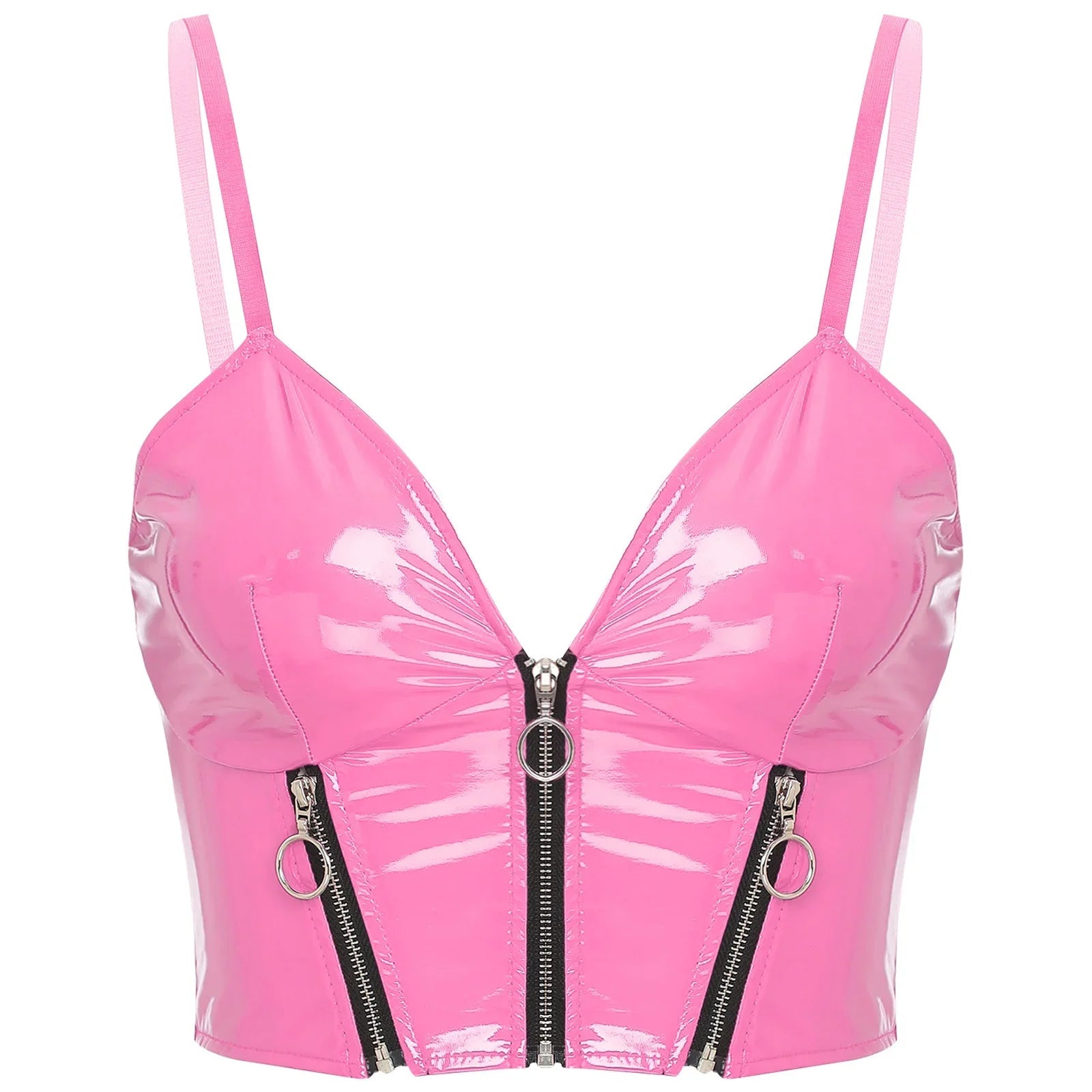 Triple Zip Latex Cami - black latex, crop tops, goth, gothic, plus size