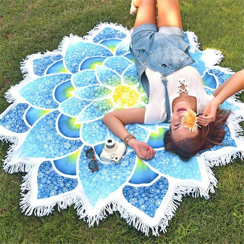 Blue Mandala Flower Area Rug Floor Yoga Mat Wall Tapestry Throw Blanket Fabric Tassels Spiritual Reiki Chakra Healing Hindu Buddhist by Arcane Trail