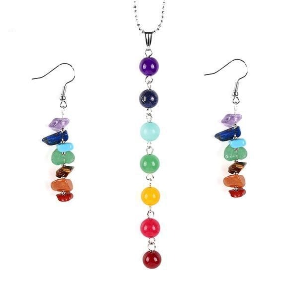 Chakra Healing Reiki Rainbow Beaded Jewelry Set Necklace Pendant Earrings Silver Chain Yoga Spiritual Metaphysical New Age Raw Crystal Gemstone Alternative Mediga Spiritual Metaphysical New Age Raw Crystal Gemstone Alternative Medicine by Arcane Trail