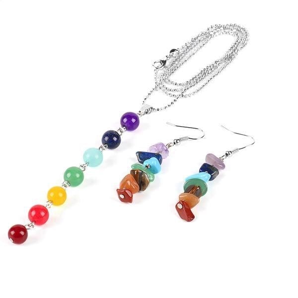 Chakra Healing Reiki Rainbow Beaded Jewelry Set Necklace Pendant Earrings Silver Chain Yoga Spiritual Metaphysical New Age Raw Crystal Gemstone Alternative Mediga Spiritual Metaphysical New Age Raw Crystal Gemstone Alternative Medicine by Arcane Trail