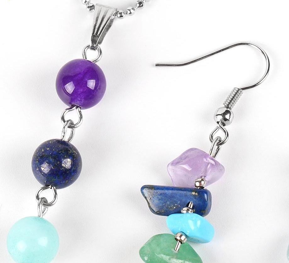 Chakra Healing Reiki Rainbow Beaded Jewelry Set Necklace Pendant Earrings Silver Chain Yoga Spiritual Metaphysical New Age Raw Crystal Gemstone Alternative Mediga Spiritual Metaphysical New Age Raw Crystal Gemstone Alternative Medicine by Arcane Trail