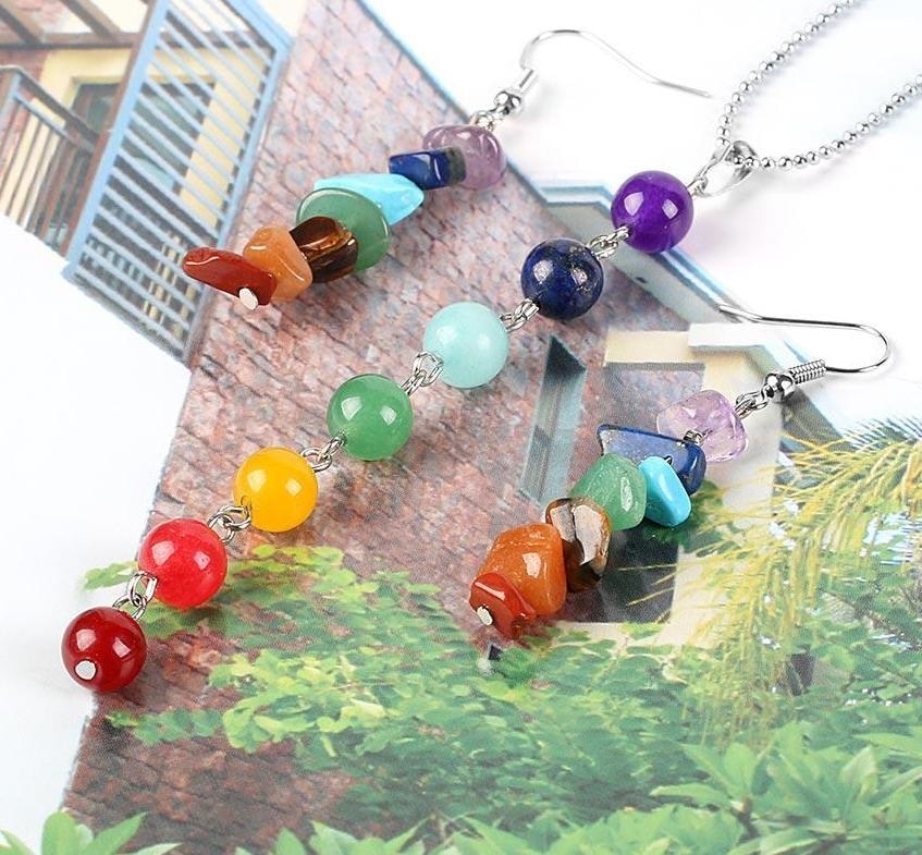 Chakra Healing Reiki Rainbow Beaded Jewelry Set Necklace Pendant Earrings Silver Chain Yoga Spiritual Metaphysical New Age Raw Crystal Gemstone Alternative Mediga Spiritual Metaphysical New Age Raw Crystal Gemstone Alternative Medicine by Arcane Trail