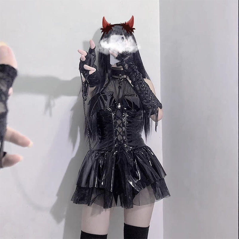 Demon Priestess Dress - bat wing, wings, black latex, demon, demonic