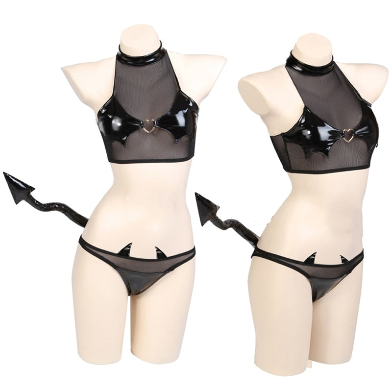 Latex Mesh Devil Cosplay - black latex, devil, devil horns, wings, devilish