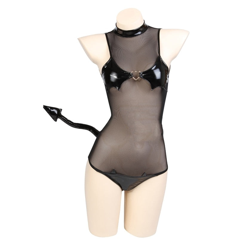 Latex Mesh Devil Cosplay - black latex, devil, devil horns, wings, devilish