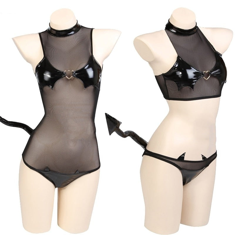 Latex Mesh Devil Cosplay - black latex, devil, devil horns, wings, devilish