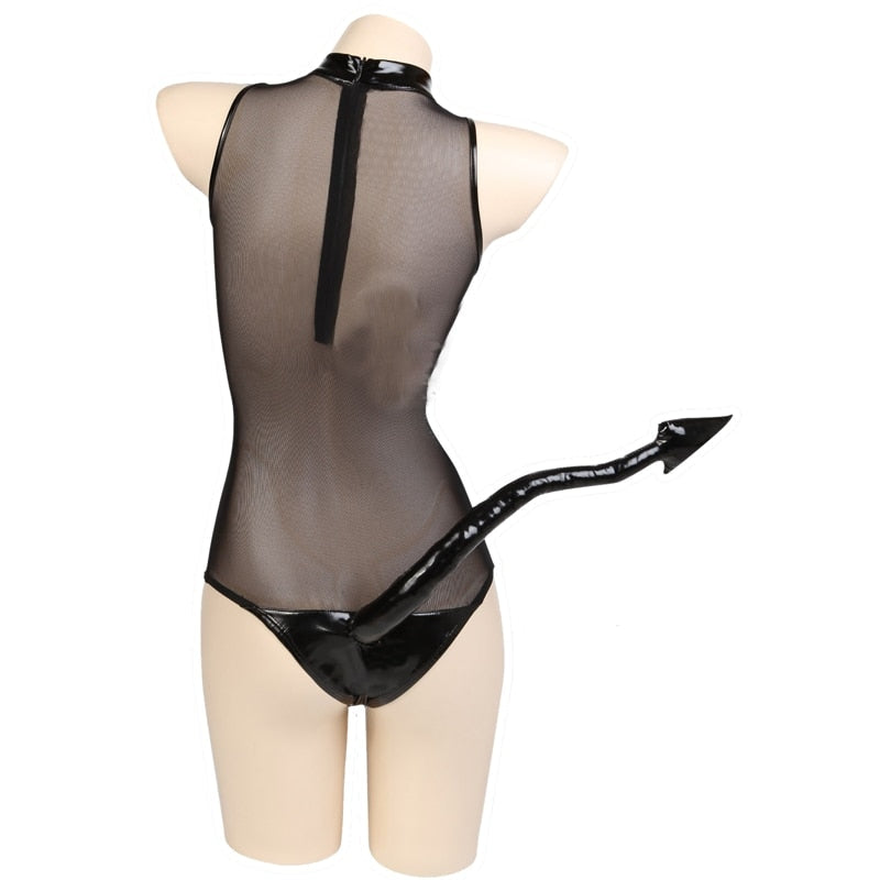 Latex Mesh Devil Cosplay - black latex, devil, devil horns, wings, devilish
