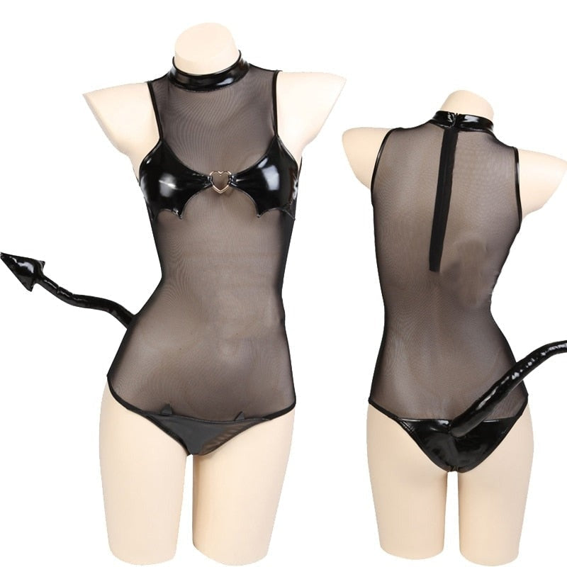 Latex Mesh Devil Cosplay - One Piece Set / M - black latex, devil, devil horns, wings, devilish