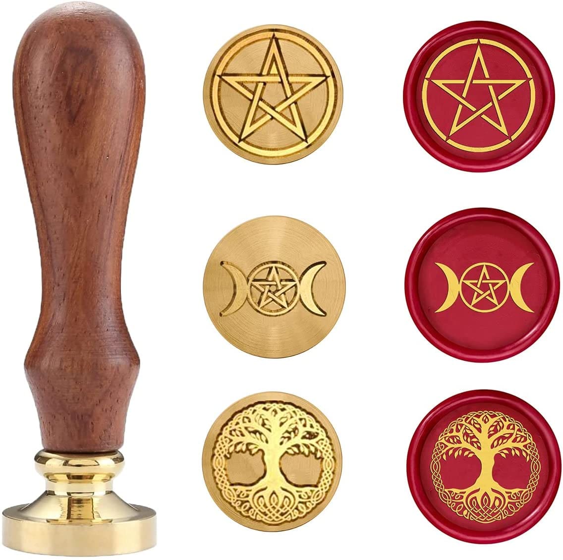 Three copper-coloured wax seal heads with a wooden handle and red wax samples, showing pentagram, triple moon and Tree of Life designs.