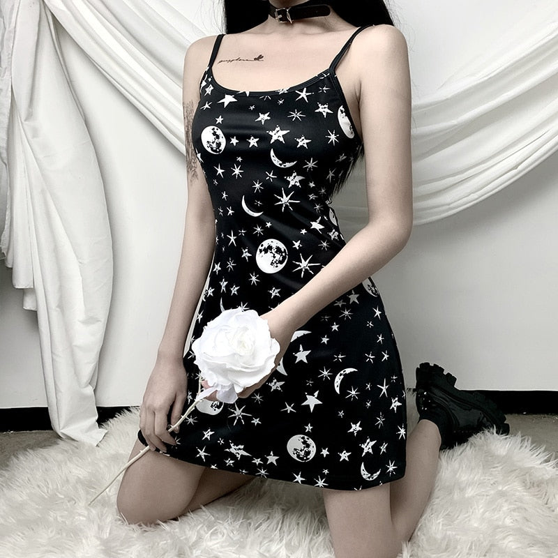 Goth Black Star Moon Tank Top Bodycon Dress Gothic Grunge Fashion Goth Black Star Moon Tank Top Bodycon Dress Gothic Grunge Fashion