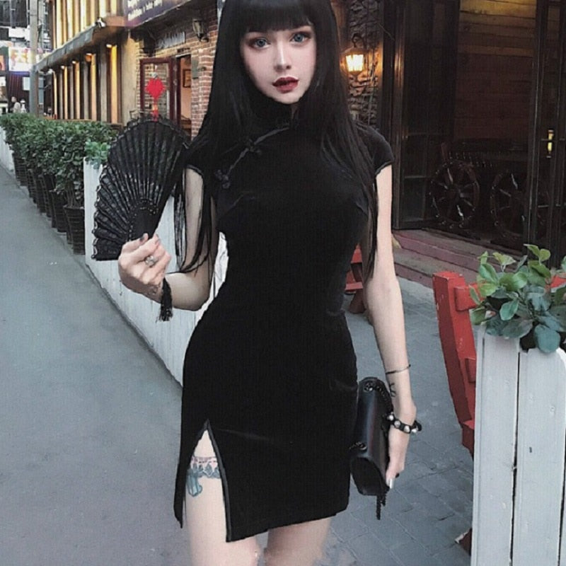 Black Velvet Velour Oriental Goddess Dress Chinese Japan Traditional Clothing by Arcane Trail