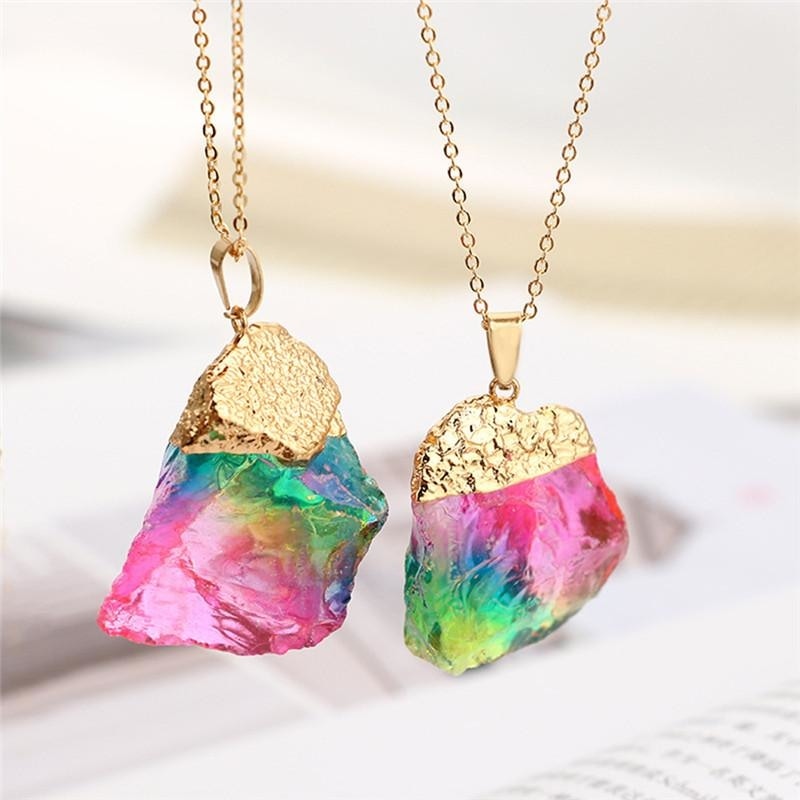 Rainbow Quartz Crystal Pendant Necklace Gold Dipped Arcane Trail