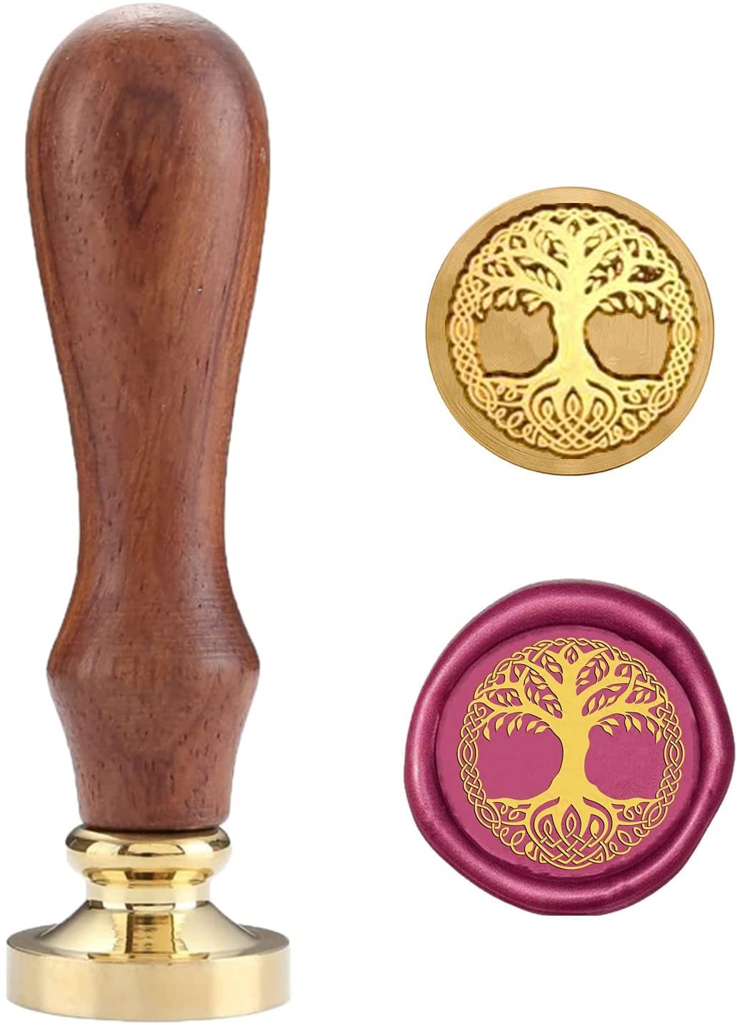 Tree of Life wax seal head with a shaped wooden handle, shown beside a red wax impression of the branching tree.