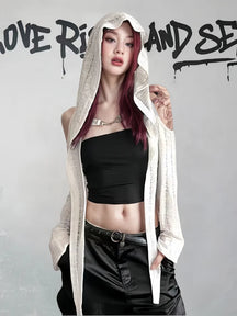 Distressed Hooded Cold Shoulder Shrug