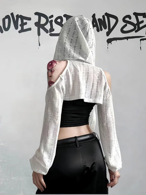 Distressed Hooded Cold Shoulder Shrug