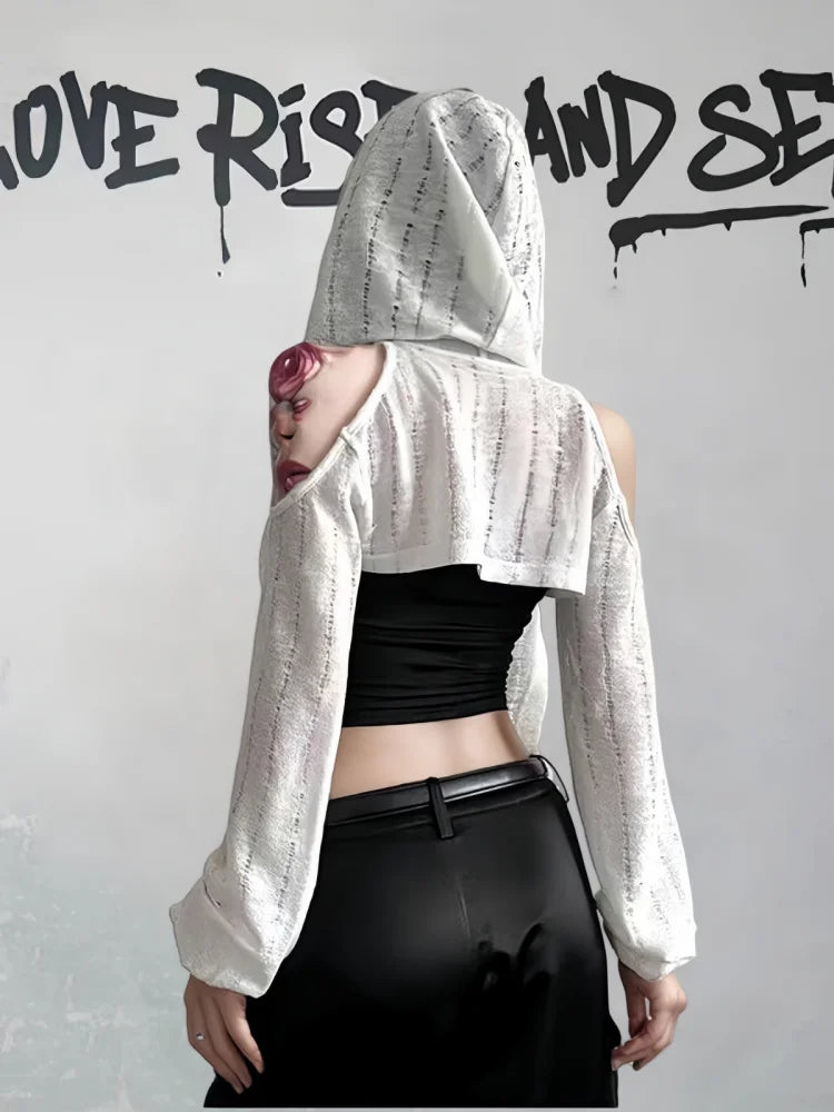Distressed Hooded Cold Shoulder Shrug