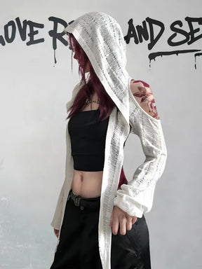 Distressed Hooded Cold Shoulder Shrug