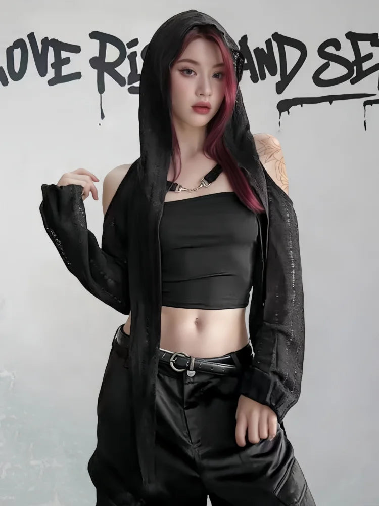 Distressed Hooded Cold Shoulder Shrug
