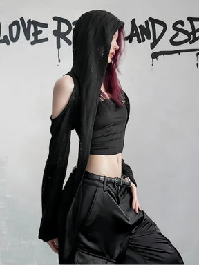 Distressed Hooded Cold Shoulder Shrug