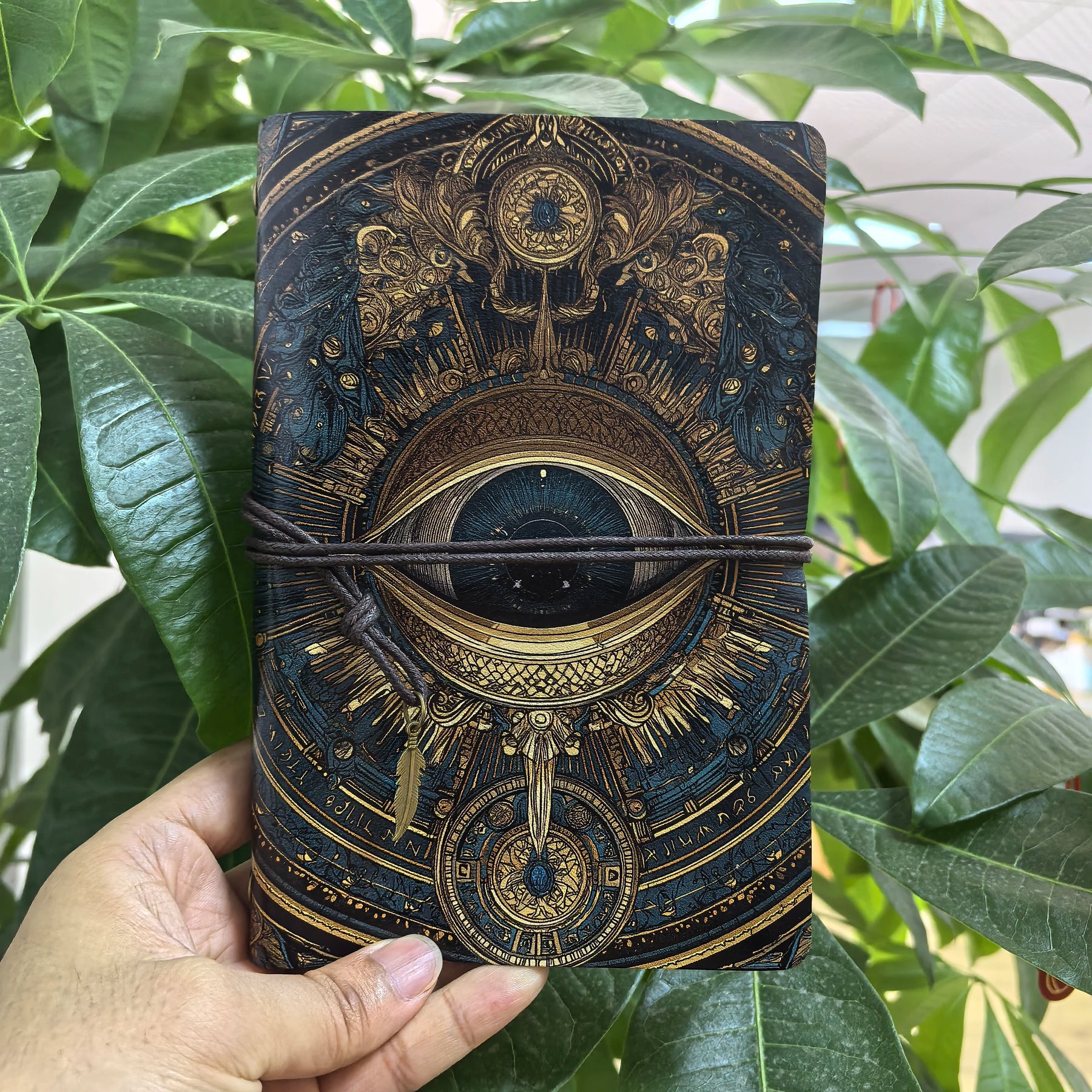 All-seeing eye gothic journal held against green leaves, showing gold-coloured ornament and a wraparound cord.