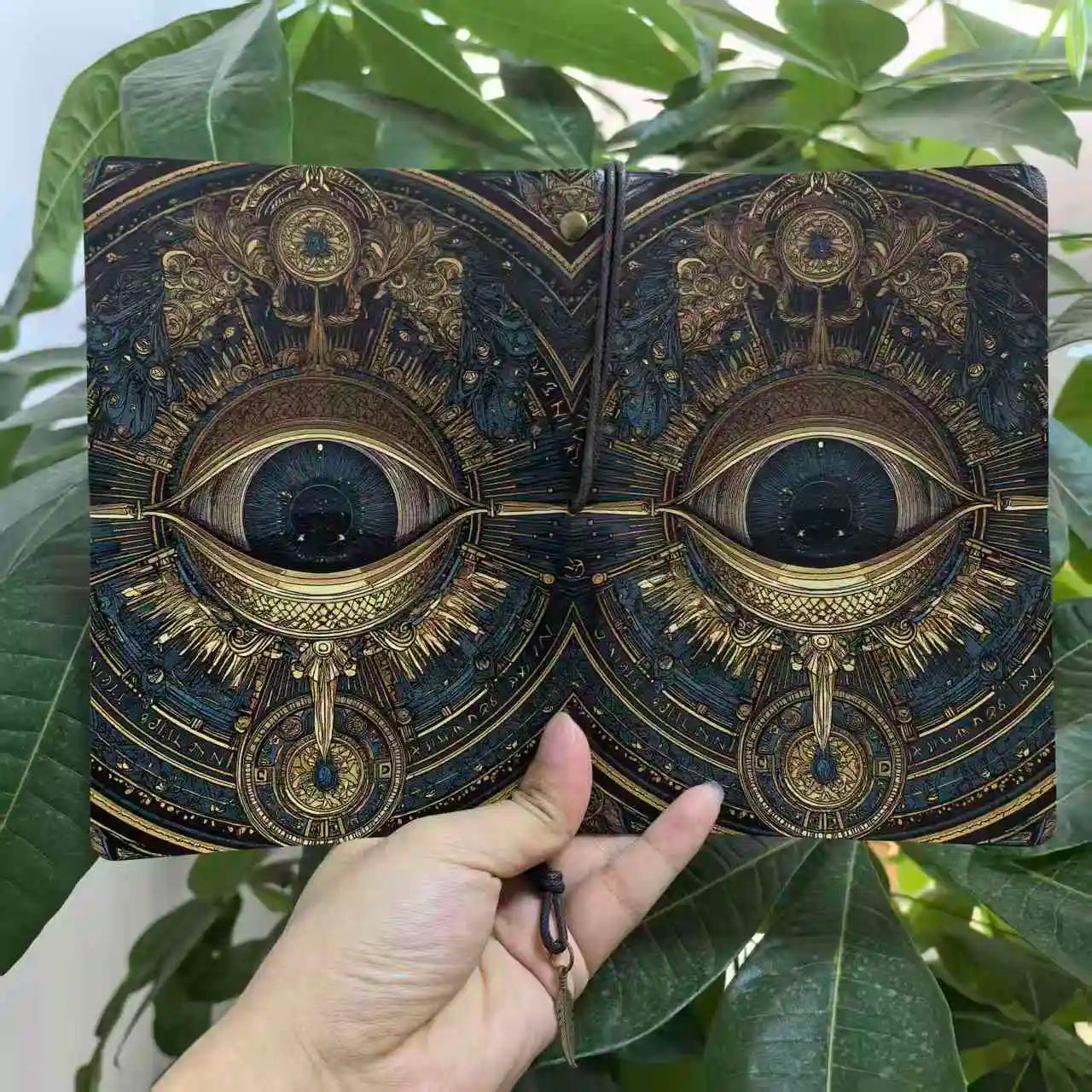 The all-seeing eye journal opened to display its illustrated front and back covers against green foliage.