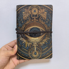 Front view of the all-seeing eye notebook against a pale background, showing the dark iris and elaborate gold-coloured linework.