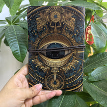 Dark blue-black refillable journal with a large eye, ornate gold-coloured borders and a cord wrapped across the cover.
