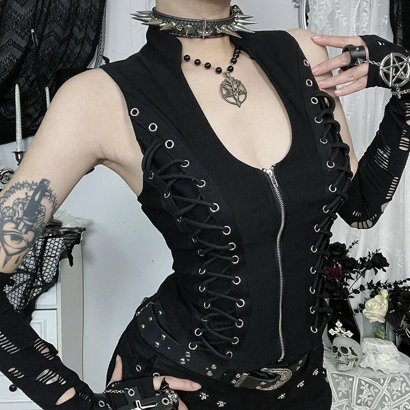 Angled view of gothic tank with silver-tone eyelets and crisscross lacing