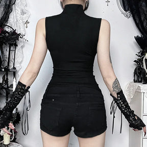 Back view of fitted black high-neck gothic tank top