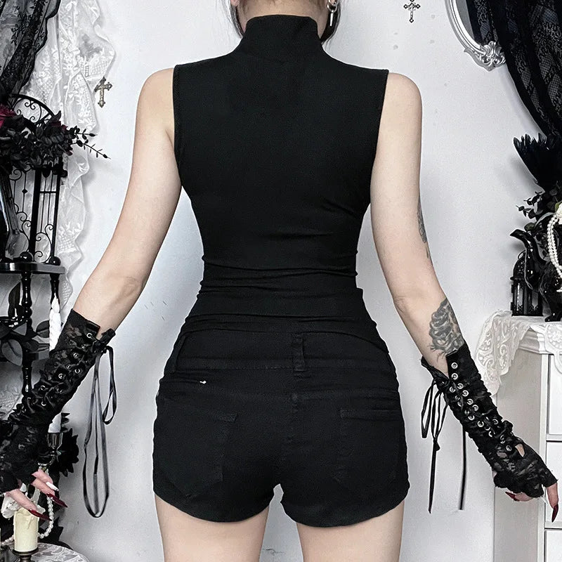 Back view of fitted black high-neck gothic tank top