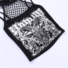Angled flat-lay detail of the white horned-goat print, ornate lettering, skulls and chalice-like motifs on a black crop top.
