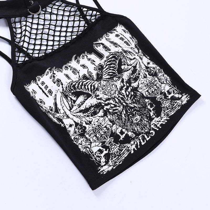 Angled flat-lay detail of the white horned-goat print, ornate lettering, skulls and chalice-like motifs on a black crop top.