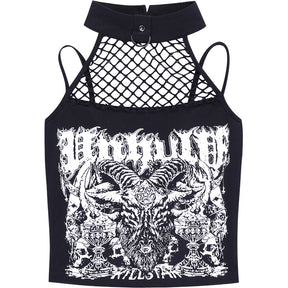 Full front flat lay of the black graphic crop top, showing the connected choker band and fishnet panel above the dense white occult-inspired artwork.