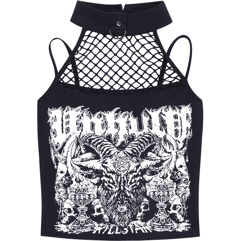 Full front flat lay of the black graphic crop top, showing the connected choker band and fishnet panel above the dense white occult-inspired artwork.