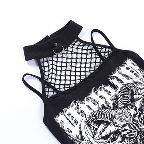 Close flat-lay view of the black crop top's choker-style band, small ring, thin straps and diamond fishnet panel.