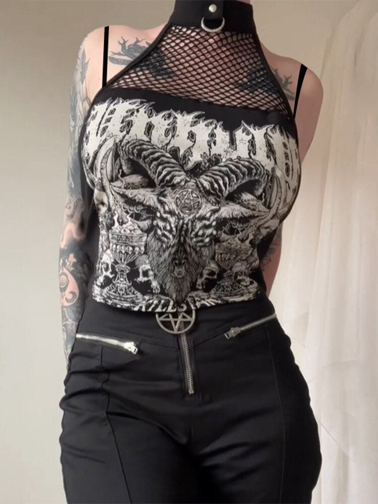 Front view of the black graphic crop top, showing white Baphomet-inspired artwork below a fishnet panel and ring-detail neck band.