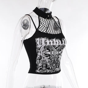 Angled mannequin view of the black graphic crop top shows the fishnet upper panel and solid printed body.
