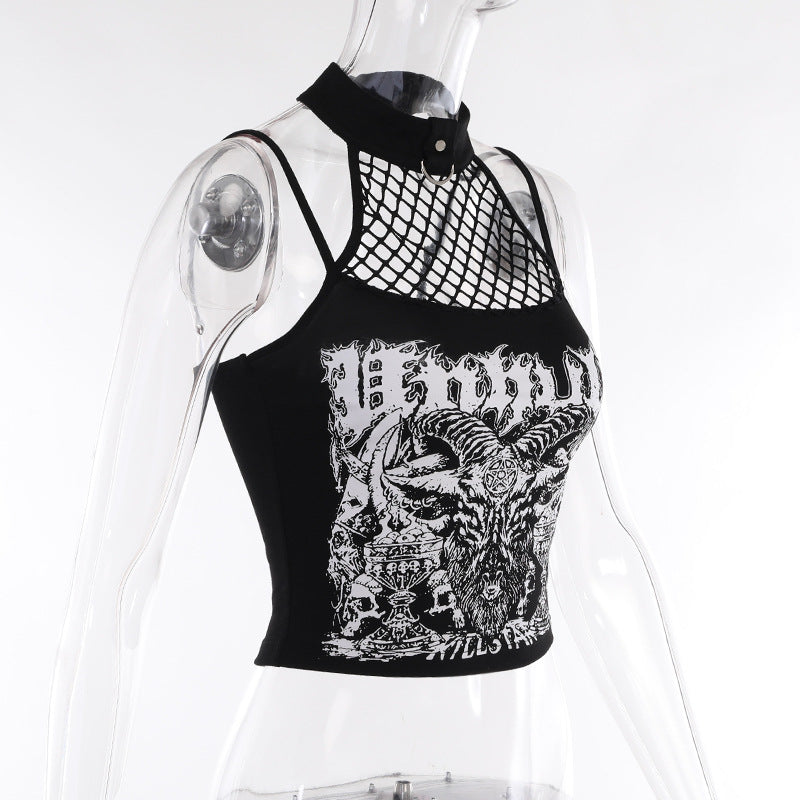 Angled mannequin view of the black graphic crop top shows the fishnet upper panel and solid printed body.