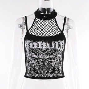 Black Baphomet-inspired crop top on a clear mannequin, with thin shoulder straps, a fishnet chest panel and a connected ring-detail neck band.