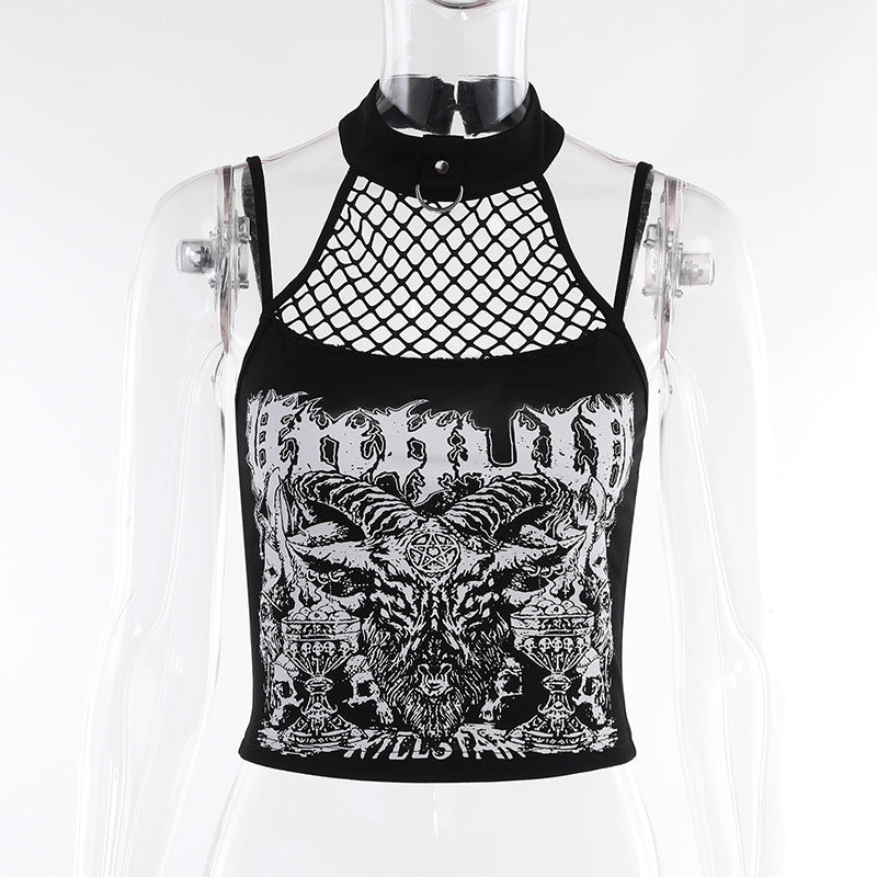 Black Baphomet-inspired crop top on a clear mannequin, with thin shoulder straps, a fishnet chest panel and a connected ring-detail neck band.