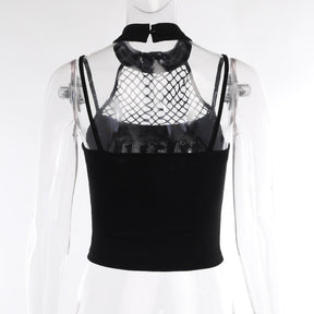 Rear mannequin view of the black crop top, showing its plain solid back, thin shoulder straps and connected neck band.