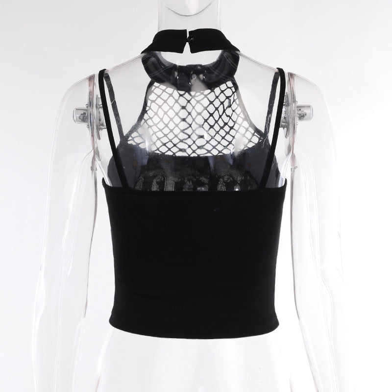 Rear mannequin view of the black crop top, showing its plain solid back, thin shoulder straps and connected neck band.
