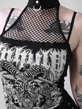 Close-up of the white horned-goat and skull artwork on a black crop top beneath an open diamond fishnet chest panel.