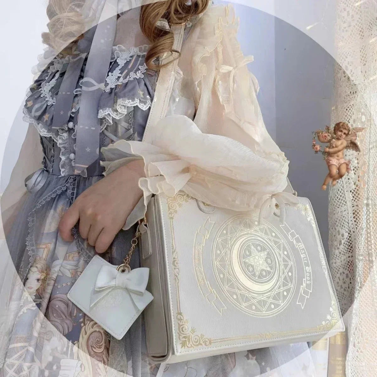 Beige standard celestial shoulder bag styled with layered clothing