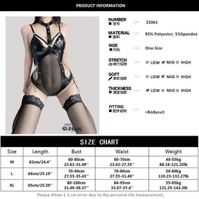 Black glossy belted latex bodysuit set with lace trim and adjustable straps in a sleek latex bodysuit design