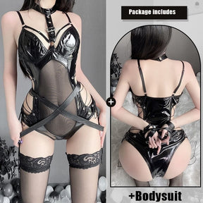 Black patent leather belted latex bodysuit set with lace trim and adjustable straps for a sleek look